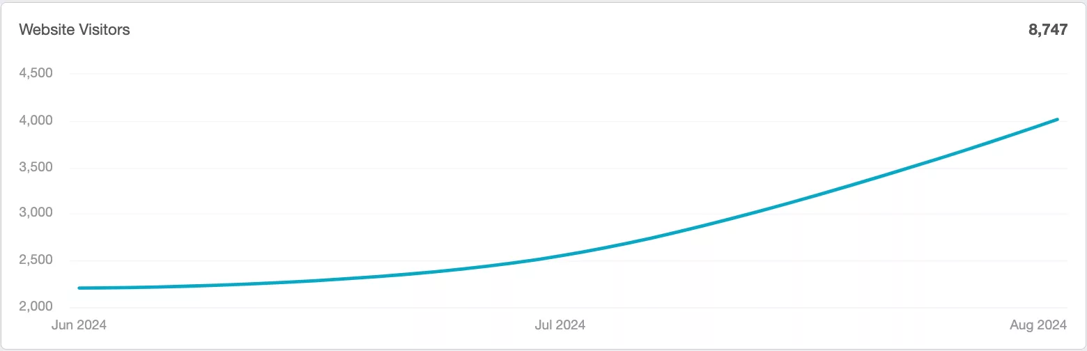 Line graph showing an increase in website visitors from June 2024 to August 2024, reaching 8,747 visitors.